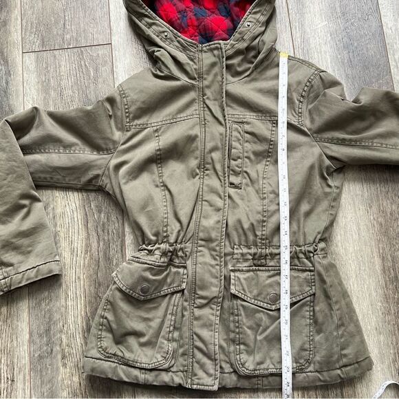 Hollister Olive Green Anorak Jacket Flannel-Lined Coat Small Red Plaid Lining - Picture 8 of 10